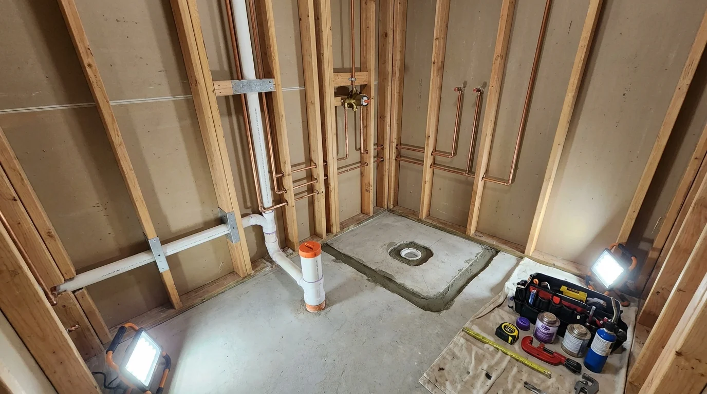 Bathroom rough-in plumbing during remodel by Johns Plumbing LLC in Decherd