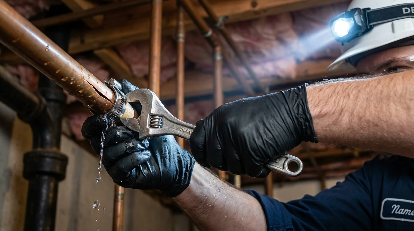 Emergency pipe clamp repair being performed by a Johns Plumbing LLC plumber in Decherd
