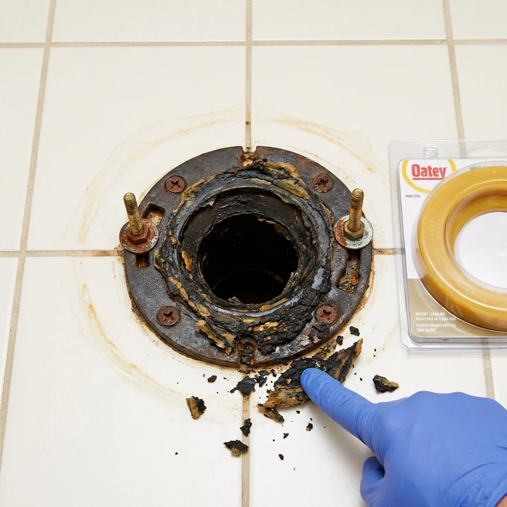 Failed wax ring showing water seepage at the base of a toilet in a Decherd, TN home