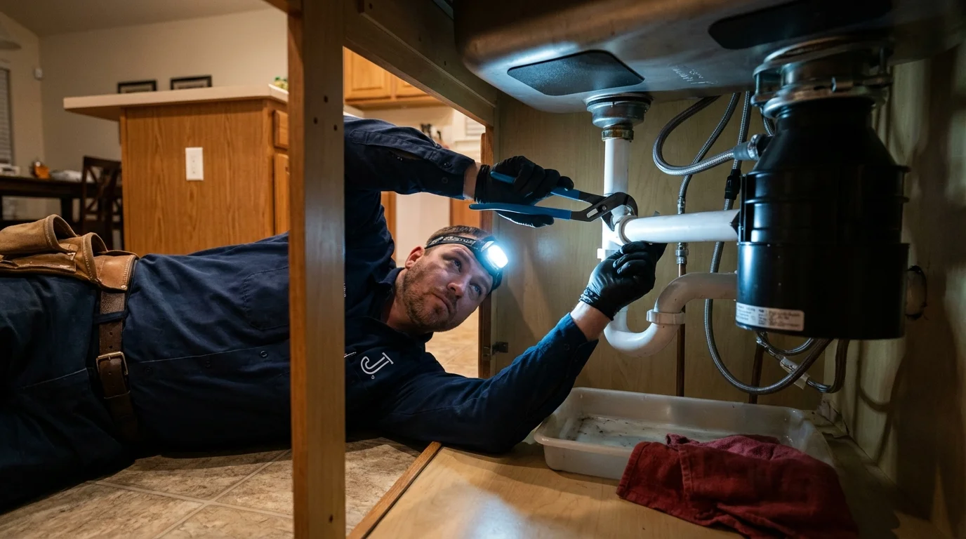 P-trap and supply line connections under a kitchen sink showing a common leak point in Decherd, TN